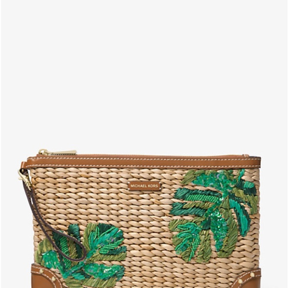 Michael Kors Woven Clutch with Green Leaf Accents